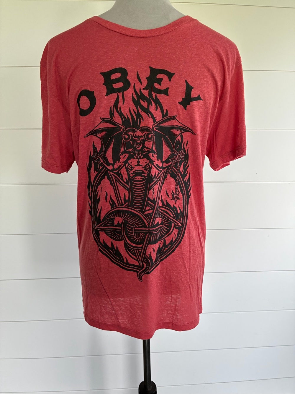 Obey Red Short Sleeve Tee with Black Demon Graphic